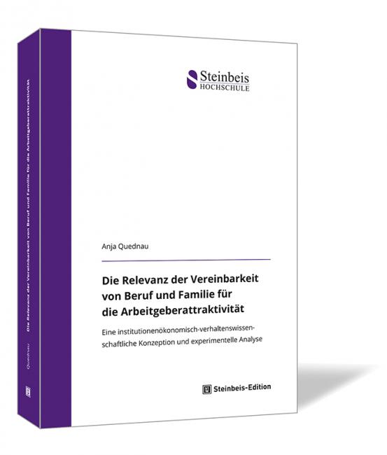 Buchcover von 'Die Relevanz der Vereinbarkeit von Beruf und Familie für die Arbeitgeberattraktivität' von Anja Quednau, mit schlichtem weißem Design und violettem Seitenstreifen.