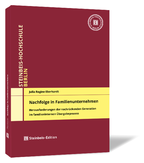 Buchcover von 'Nachfolge in Familienunternehmen' von Julia Regine Eberhardt, mit einem Bild eines Unternehmensgebäudes und einem modernen Design, das die Übergabe an die nächste Generation symbolisiert.