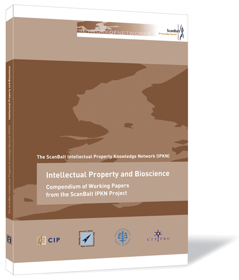 Buchcover von 'Intellectual Property and Bioscience' von The ScanBalt Intellectual Property Knowledge Network (IPKN), mit braunem Hintergrund und einem Motiv