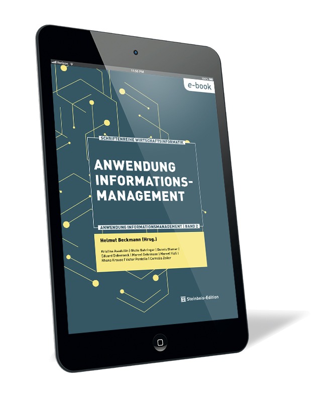 Buchcover von 'Anwendung Informationsmanagement. Band 2 (E-Book)' von Helmut Beckmann, zeigt ein dunkles, technisches Design mit gelben Knotenpunkten auf einem Netzwerkdiagramm und weißer Schrift.