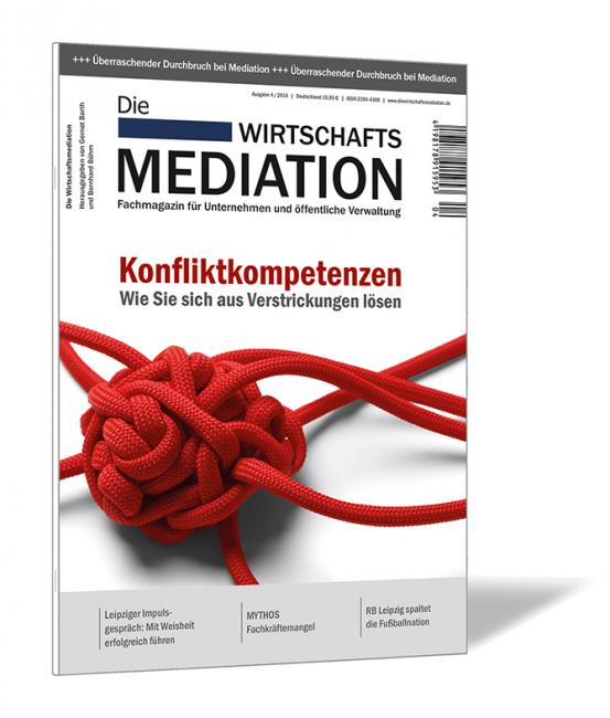 Buchcover der Zeitschrift 'Die Wirtschaftsmediation (Ausgabe 2014/04)' von Gernot Barth, Bernhard Böhm (Hrsg.), mit einem Bild von einem Knoten und dem Titel 'Konfliktkompetenzen'.