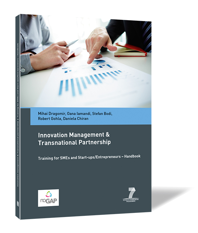 Buchcover von 'Innovation Management & Transnational Partnership' von Mihai Dragomir, Oana Iamandi, Stefan Bodi, Robert Gohla, Daniela Chiran, mit zwei Personen, die auf ein Diagramm zeigen.