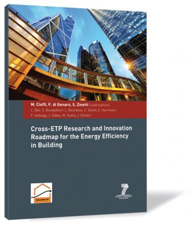 Book cover of 'Cross-ETP Research and Innovation Roadmap for the Energy Efficiency in Building' by Margherita Cioffi, Federico Di Gennaro, and Silvia Zinetti, featuring a modern architectural photo with glass buildings on a dark background.