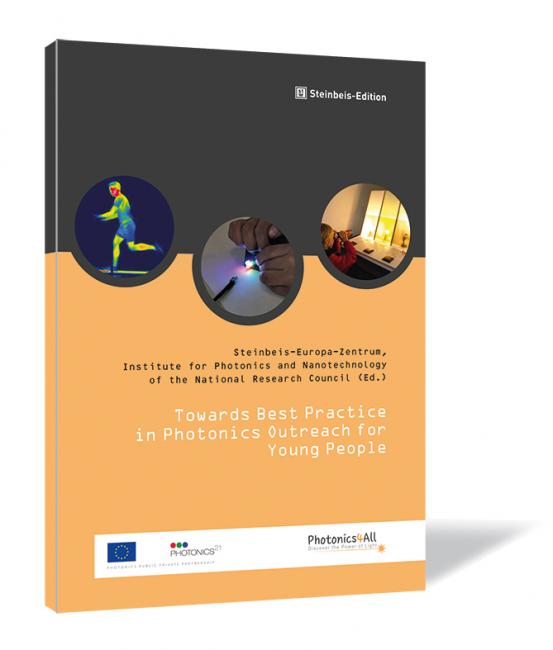Book cover of 'Towards Best Practice in Photonics Outreach for Young People' by Steinbeis-Europa-Zentrum et al., showing three circular images related to photonics activities on an orange background.
