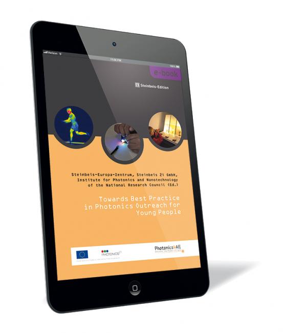 Book cover of 'Towards Best Practice in Photonics Outreach for Young People (E-Book)' by Steinbeis-Europa-Zentrum et al., showing three circular images related to photonics activities on an orange background.