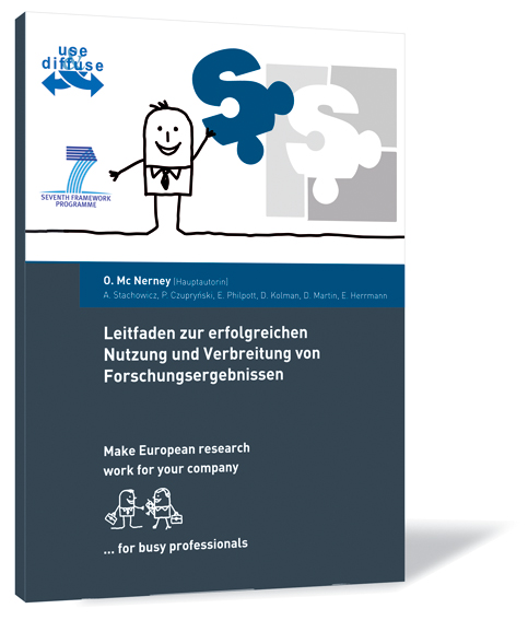 Buchcover von 'Leitfaden zur erfolgreichen Nutzung und Verbreitung von Forschungsergebnissen' von O. Mc Nerney (Hauptautorin), mit einem Zeichenmännchen, das ein blaues S als Puzzleteil in der Hand hält.