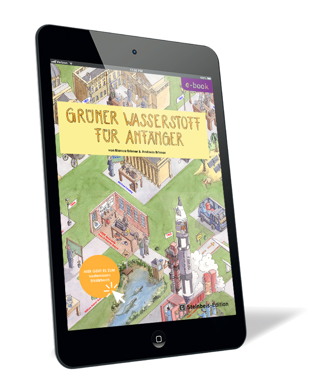 Buchcover von 'Grüner Wasserstoff für Anfänger (E-Book)' von Bianca Brinner und Andreas Brinner, mit bunter Zeichnung einer Stadtlandschaft und einem Raketenstart.