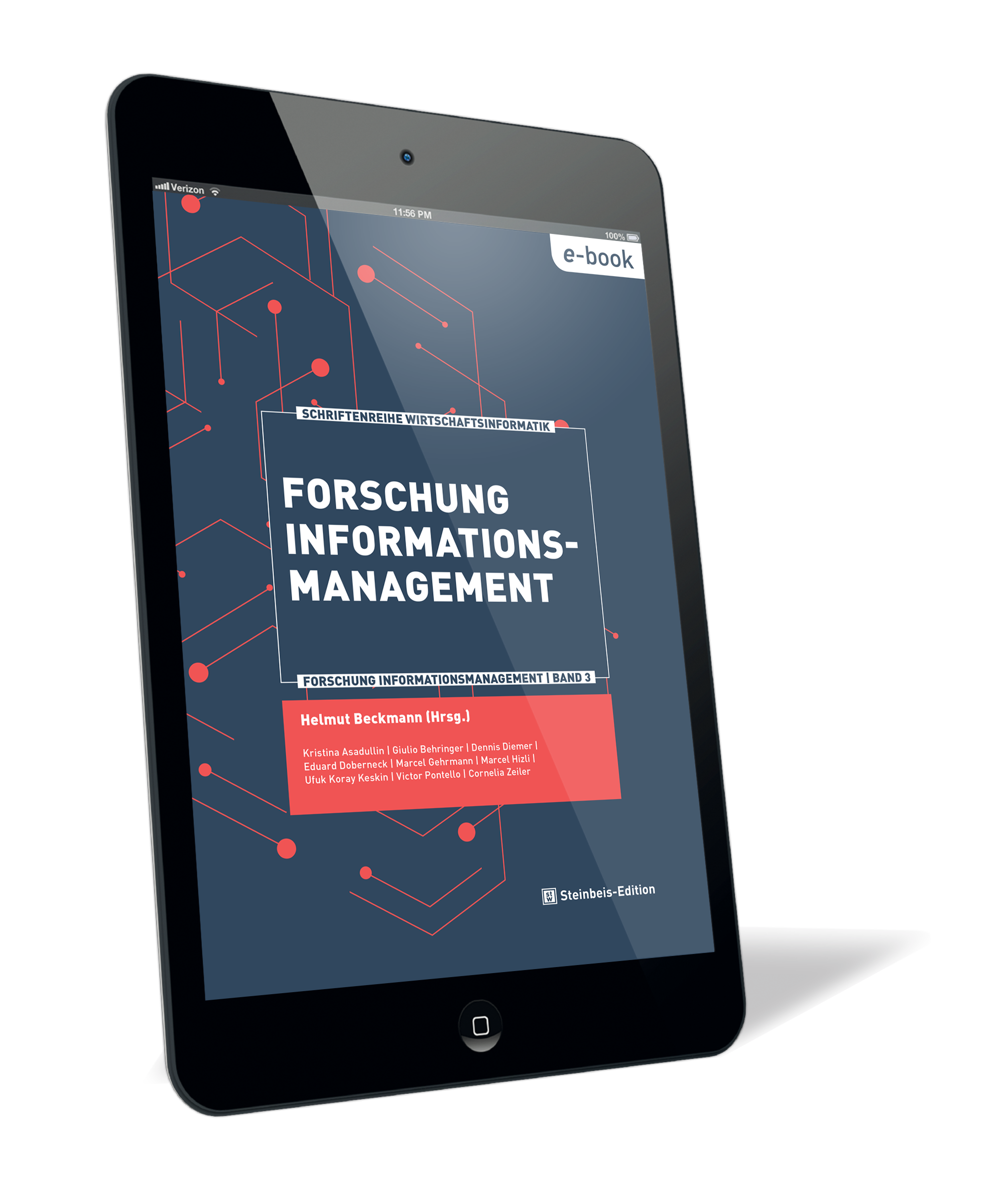 Buchcover von 'Forschung Informationsmanagement. Band 3 (E-Book)' von Helmut Beckmann auf einem Tablet, mit stilisierten roten Schaltkreismustern auf dunkelblauem Hintergrund.