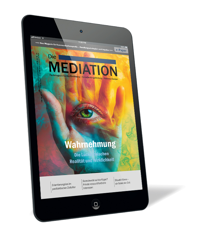 Buchcover der Zeitschrift 'Die Mediation (Ausgabe 2025/01) (E-Paper)' von Gernot Barth (Hrsg.), mit einem Auge hinter einer durchsichtigen Handfläche, in farbenfroher, abstrakter Gestaltung.