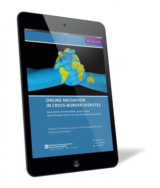 Book cover 'Online-Mediation in Cross-Border Disputes' edited by Gernot Barth et al. Book cover of 'Online-Mediation in Cross-Border Disputes' edited by Gernot Barth et al., featuring a digital globe in hand on a dark blue background with pink “e-book” label.
