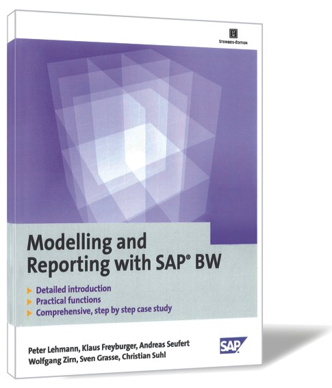 Buchcover von 'Modelling and Reporting with SAP® BW' von Peter Lehmann, Klaus Freyburger, Andreas Seufert, Wolfgang Zirn, Sven Grasse, Christian Suhl, mit weißen, durchsichtigen Vierecken, die zu einem großen Würfel werden.