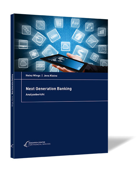 Buchcover von 'Next Generation Banking' von Heinz Wings und Jens Kleine, zeigt eine Hand mit einem Tablet, darüber schweben Symbole für digitale Bankdienstleistungen.