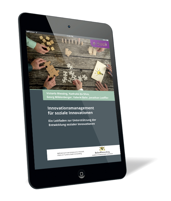 Buchcover von 'Innovationsmanagement für soziale Innovationen' von Victoria Blessing, Nathalie da Silva, Georg Mildenberger, Valerie Bahr und Jonathan Loeffler, das eine Darstellung von Händen zeigt, die an Puzzleteilen arbeiten.