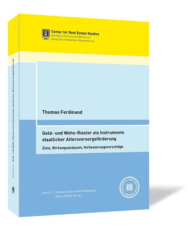 Buchcover 'Geld- und Wohn-Riester als Instrumente staatlicher Altersvorsorgeförderung' von Thomas Ferdinand, Michael Lister, Heinz Rehkugler, Marco Wöflle. Buchcover von 'Geld- und Wohn-Riester als Instrumente staatlicher Altersvorsorgeförderung' von Thomas Ferdinand, Michael Lister, Heinz Rehkugler, Marco Wöflle, mit einem modernen Design in Blau und Gelb.