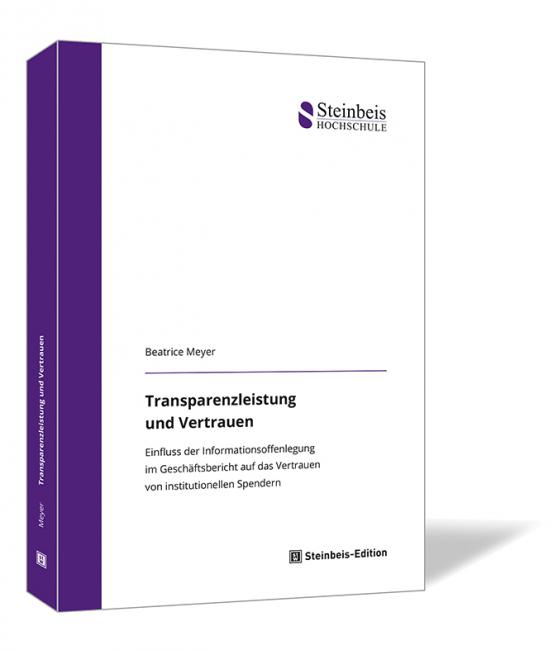 Buchcover von 'Transparenzleistung und Vertrauen' von Beatrice Meyer, schlicht gestaltet in Weiß mit lila Akzenten und dem Logo der Steinbeis-Hochschule.