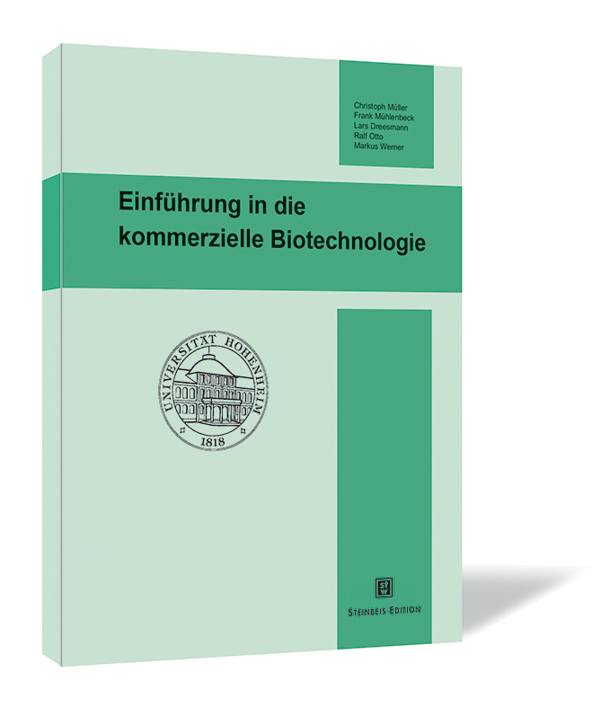 Buchcover von 'Einführung in die kommerzielle Biotechnologioe' mit dem Logo der Universität Hohenheim auf hellgrünem Hintergrund und zwei dunkelgrünen Streifen
