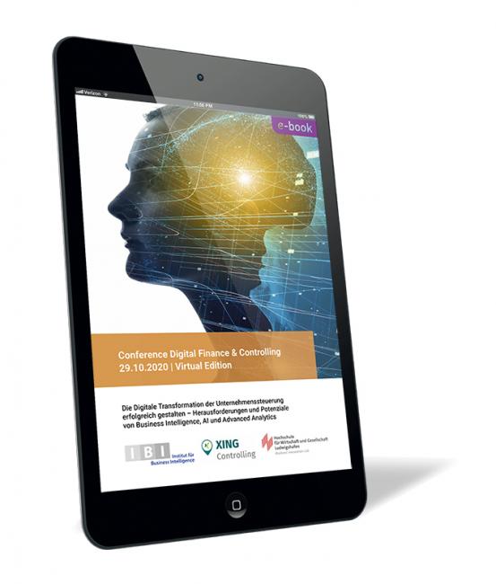 Buchcover 'Conference Digital Finance & Controlling 29.10.2020 | Virtual Edition (E-Book)' von Andreas Seufert. Buchcover von 'Conference Digital Finance & Controlling 29.10.2020 | Virtual Edition (E-Book)' von Andreas Seufert, mit digitalem Profil eines Menschenkopfs und vernetztem Gehirn auf einem Tabletbildschirm.