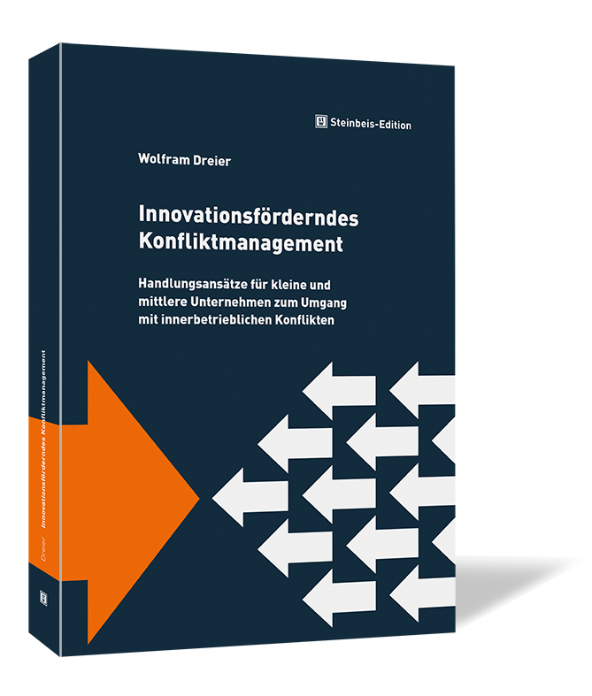 Buchcover von 'Innovationsförderndes Konfliktmanagement' von Wolfram Dreier, mit großem orangefarbenem Pfeil, der in entgegengesetzte Richtung zu vielen weißen Pfeilen zeigt.