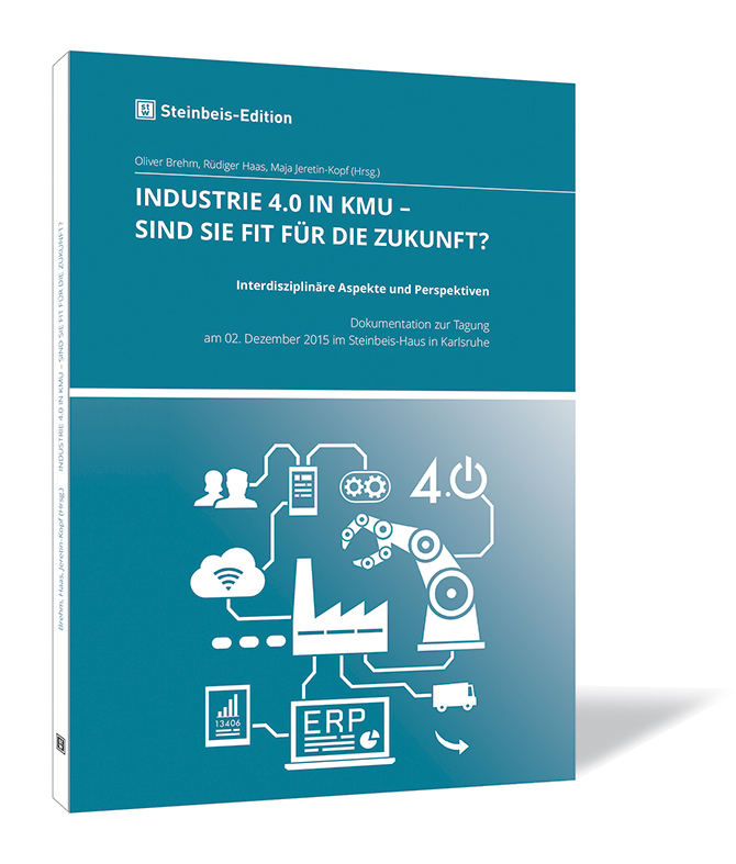 Buchcover 'INDUSTRIE 4.0 IN KMU – Sind Sie fit für die Zukunft?' von Oliver Brehm, Rüdiger Haas und Maja Jeretin-Kopf. Buchcover von 'INDUSTRIE 4.0 IN KMU – Sind Sie fit für die Zukunft?' von Oliver Brehm, Rüdiger Haas und Maja Jeretin-Kopf, mit Symbolen für Digitalisierung, Robotik und ERP-Systeme in Blau-Grau.