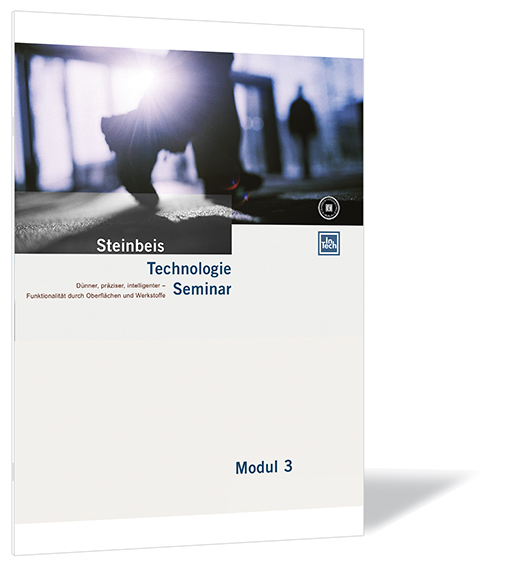 Buchcover von 'Dünner, präziser, intelligenter - neue Funktionalität durch Oberflächen und Werkstoffe' von der Steinbeis-Stiftung (Hrsg.), mit unscharfer Aufnahme gehender Personen.