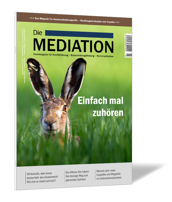 Buchcover 'Die Mediation (Ausgabe 2024/03)' von Gernot Barth. Buchcover der Zeitschrift 'Die Mediation (Ausgabe 2024/03)' von Gernot Barth, zeigt einen Hasen mit großen Ohren im hohen Gras, darüber der Titel „Einfach mal zuhören“.