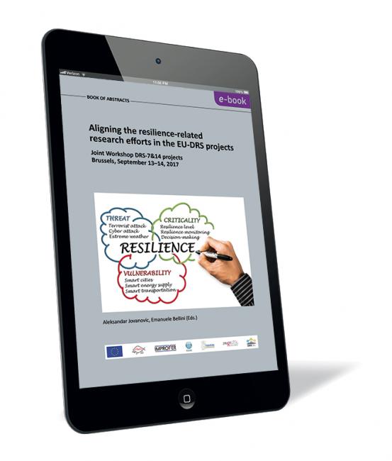 Book cover of 'Aligning the resilience-related research efforts in the EU-DRS projects (E-Book)' by Aleksandar Jovanovic and Emanuele Bellini, featuring a drawing with resilience-related terms like 'Threat', 'Vulnerability', and 'Resilience'.