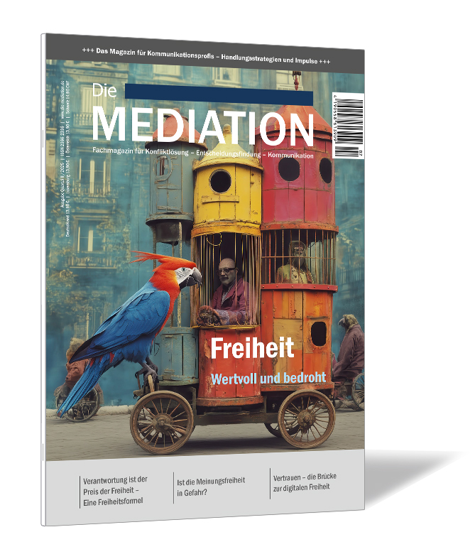 Buchcover der Zeitschrift 'Die Mediation (Ausgabe 2025/02)' von Gernot Barth (Hrsg.), mit buntem Vogelhaus auf Rädern und zwei Papageien davor in einer urbanen Szenerie.