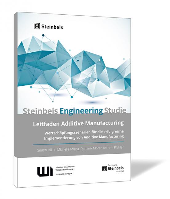 Buchcover 'Leitfaden Additive Manufacturing' von Simon Hiller, Michelle Moisa, Dominik Morar und Kathrin Pfähler. Buchcover von 'Leitfaden Additive Manufacturing' von Simon Hiller, Michelle Moisa, Dominik Morar und Kathrin Pfähler, mit einer abstrakten blauen Polygonstruktur und grauem Balken im unteren Bereich.