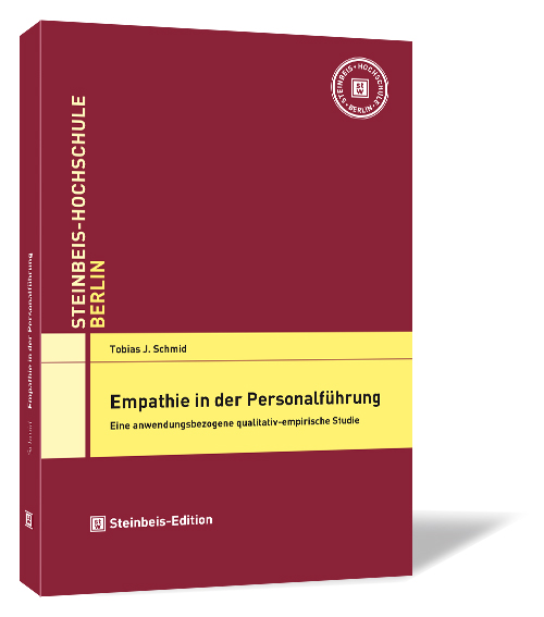 Buchcover 'Empathie in der Personalführung' von Tobias J. Schmid. Buchcover von 'Empathie in der Personalführung' von Tobias J. Schmid, mit rotem Hintergrund, gelben Akzenten und dem Logo der Steinbeis Hochschule oben rechts.