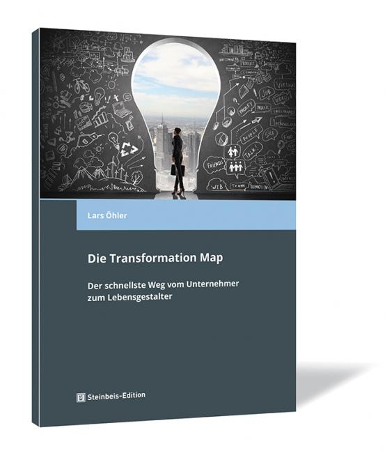 Buchcover von 'Die Transformation Map' von Lars Öhler, mit einer Illustration von zwei Personen vor einer großen weißen Kugel auf dunklem Hintergrund.