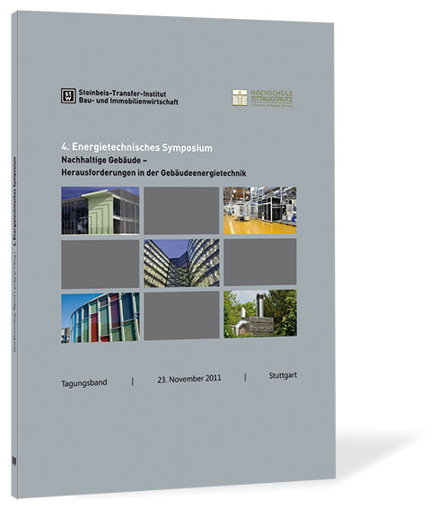 Buchcover von '4. Energietechnisches Symposium' von Steinbeis-Transfer-Institut Bau- und Immobilienwirtschaft (Hrsg.), mit grauem Hintergrund und einem 3x3 Feld, wobei an den Ecken und in der Mitte jeweils ein Bild ist.