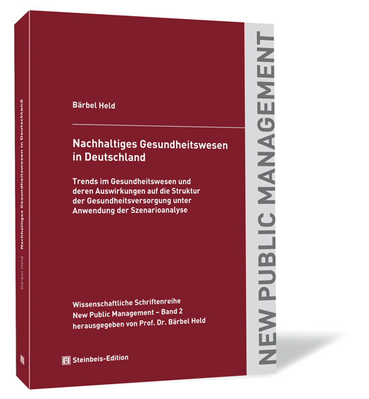 Buchcover von 'Nachhaltiges Gesundheitswesen in Deutschland' von Bärbel Held, mit rotem Hintergrund und einem hellgrauen Rand rechts.
