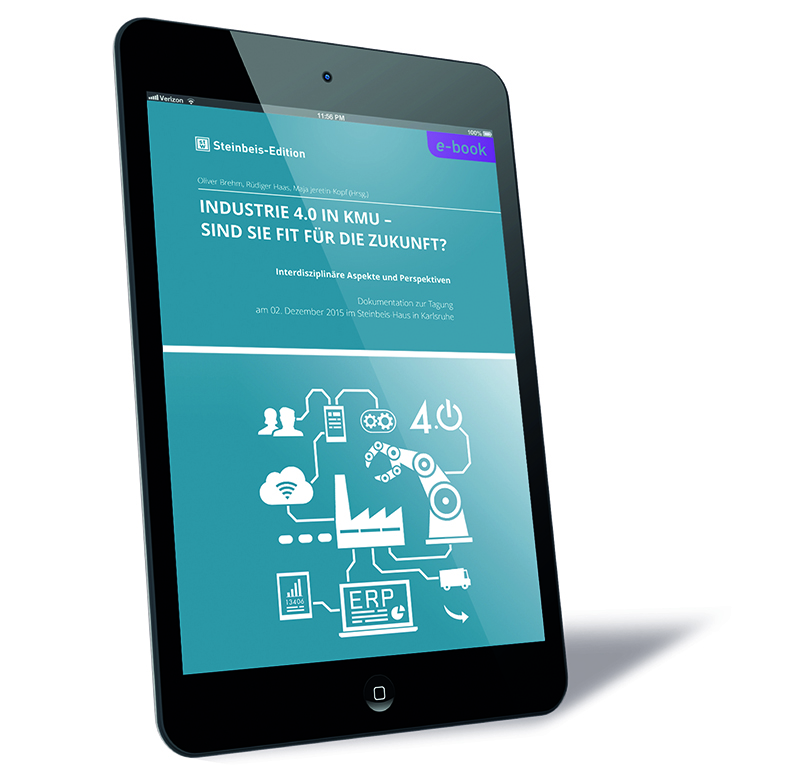 Buchcover von 'INDUSTRIE 4.0 IN KMU – Sind Sie fit für die Zukunft? (E-Book)' von Oliver Brehm, Rüdiger Haas und Maja Jeretin-Kopf, mit Symbolen für Digitalisierung und Industrie 4.0, einem türkisfarbenen Hintergrund auf einem Tablet-Display.