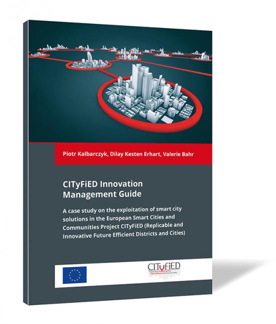 Buchcover von 'CITyFiED Innovation Management Guide' von Piotr Kalbarczyk, Dilay Kesten Erhart und Valerie Bahr, mit einer grafischen Darstellung einer Stadt mit Hochhäusern in einem roten Kreis auf dunklem Hintergrund.