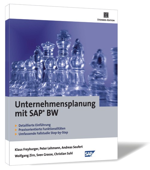 Buchcover von 'Unternehmensplanung mit SAP® BW' von Klaus Freyburger, Peter Lehmann, Andreas Seufert, Wolfgang Zirn, Sven Grasse und Christian Suhl, mit durchsichtigen Schachfiguren vor einem blauen Hintergrund.