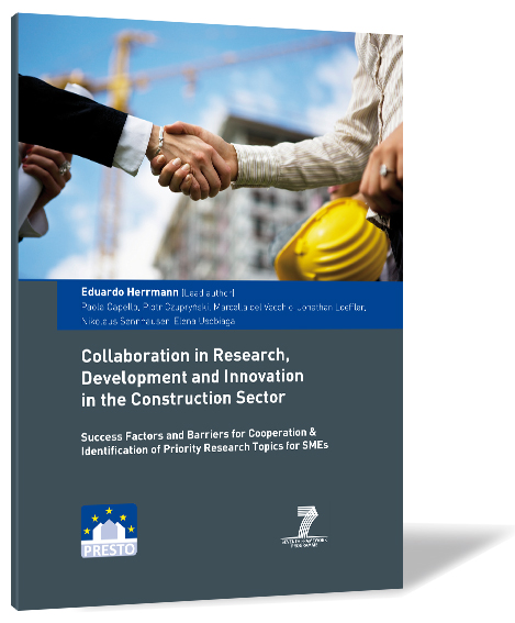 Book cover of 'Collaboration in Research, Development and Innovation in the Construction Sector' by Eduardo Herrmann (Lead author), featuring two men shaking hands in front of a construction site.