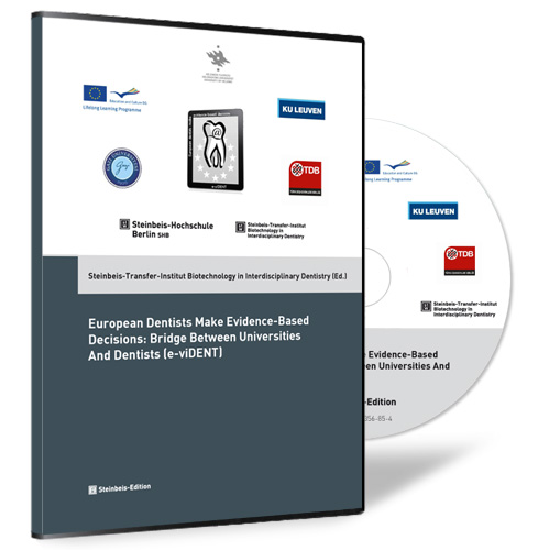 Book cover of 'e-viDENT' by STI Biotechnology in Interdisciplinary Dentistry (Ed.), with logos of the partners as the main motif.