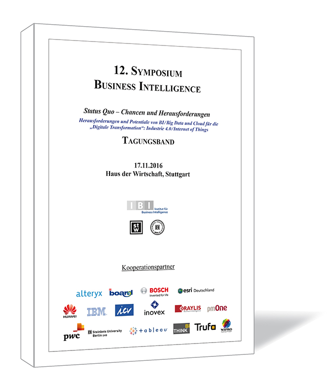 Buchcover von '12. Symposium Business Intelligence' von Andreas Seufert, Peter Lehmann, Klaus Freyburger und Thomas Becker, mit schlichtem weißen Design, schwarzer Schrift und Logos der Kooperationspartner.