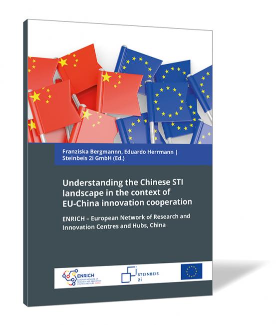 Book cover of 'Understanding the Chinese STI landscape in the context of EU-China innovation cooperation' by Franziska Bergmann and Eduardo Herrmann, showing stylized flags of China and the EU.