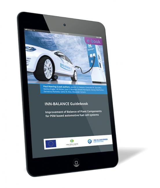 Buchcover von 'INN-BALANCE Guidebook (E-Book)' von Paul Haering et al., mit einem Elektroauto an einer Ladestation und blauem Himmel im Hintergrund auf einem E-Book-Display.