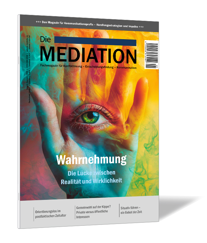 Buchcover der Zeitschrift 'Die Mediation (Ausgabe 2025/01)' von Gernot Barth (Hrsg.), mit einem Auge hinter einer durchsichtigen Handfläche, in farbenfroher, abstrakter Gestaltung.