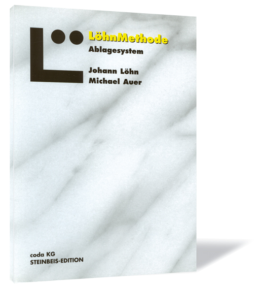 Buchcover von 'Leitfaden Ablagesystem' von Johann Löhn und Michael Auer, mit Granit Hintergrund und einem großen schwarzen 'L' mit zwei Punkten nebeneinander.