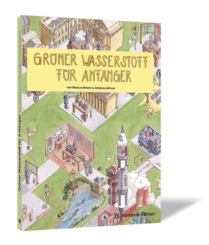 Buchcover von 'Grüner Wasserstoff für Anfänger' von Bianca Brinner und Andreas Brinner, mit bunter Zeichnung einer Stadtlandschaft und einem Raketenstart.