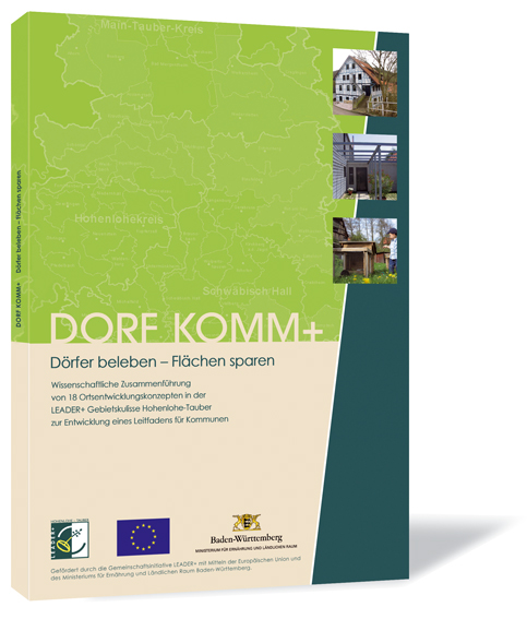 Buchcover von 'DORF KOMM+' von LEADER+ Aktionsgruppe Hohenlohe-Tauber und Ingenieurbüro Klärle, mit einem hellgrünen Hintergrund und einem dunkelgrünen Streifen rechts, auf dem drei Bilder oben rechts platziert sind