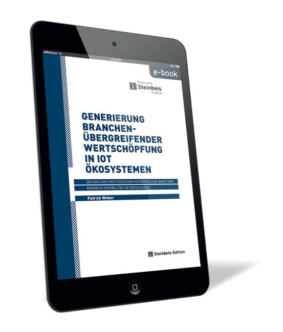 Buchcover 'Generierung branchenübergreifender Wertschöpfung in IoT Ökosystemen (E-Book)' von Patrick Weber. Buchcover von 'Generierung branchenübergreifender Wertschöpfung in IoT Ökosystemen (E-Book)' von Patrick Weber, schlichtes weißes Cover mit blauen Akzenten und Querstreifen, dargestellt auf einem Tabletbildschirm.
