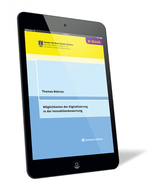 Buchcover von 'Möglichkeiten der Digitalisierung in der Immobilienbewertung' von Thomas Bühren, mit schlichter Gestaltung in Gelb, Hellblau und Dunkelblau auf einem Tablet dargestellt.