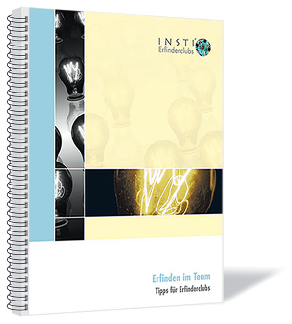 Buchcover von 'Erfinden im Team' von Institut der deutschen Wirtschaft Köln, Projektmanagement INSTI-Erfinderclubs (Hrsg.), mit einem beigen Hintergrund und kleinen Abschnitten, in denen Bilder von Glühbirnen zu sehen sind.