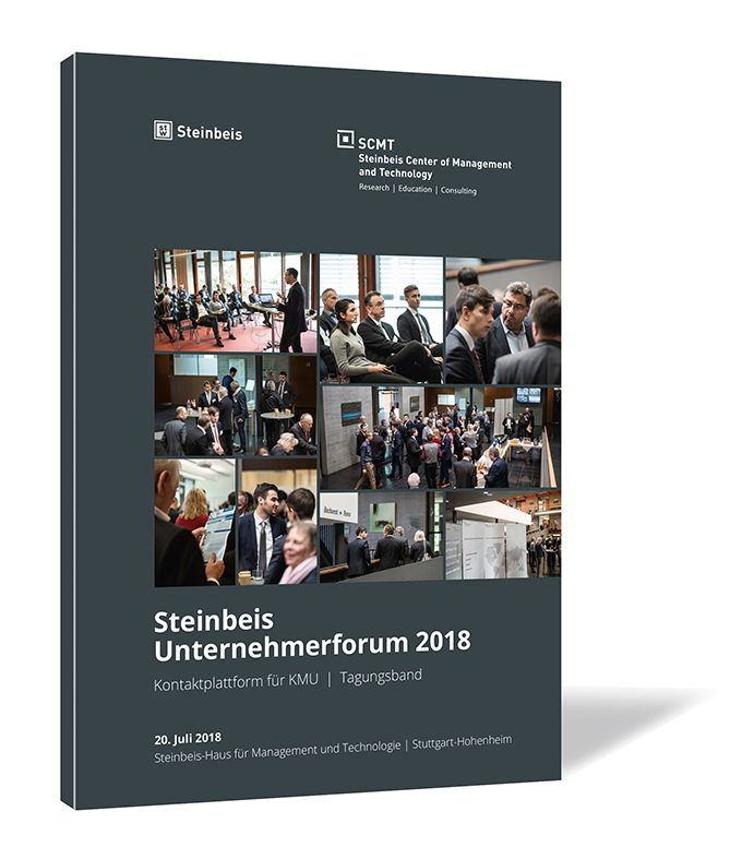 Buchcover 'Steinbeis Unternehmerforum 2018' von der Steinbeis-Stiftung. Buchcover von 'Steinbeis Unternehmerforum 2018' von der Steinbeis-Stiftung, mit einer Collage aus Fotos des Events, auf dunkelgrauem Hintergrund.